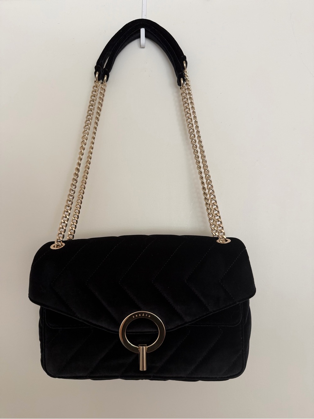Sandro Yza Quilted Velvet Should Bag with Gold